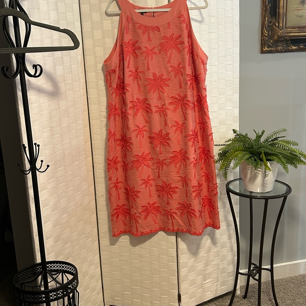 Coral Palm-Embroidered Sheath Dress